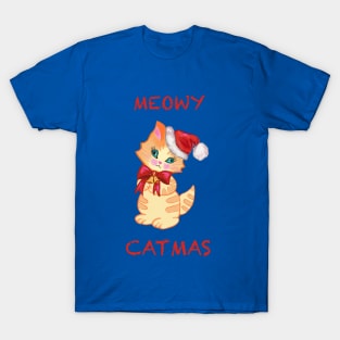 Cute orange stripped tabby kitty Kawaii Meowy christmas wearing a Santa hat. T-Shirt